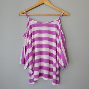 Paper Crane Purple White Striped  Off The Shoulder Linen Cropped Top Womens MED